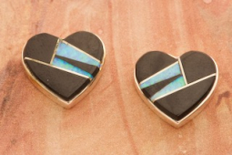 Calvin Begay Genuine Acoma Jet Sterling Silver Heart Earrings